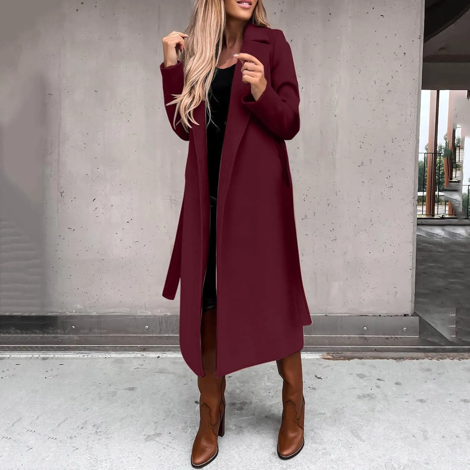 JEGULV Women Elegant Long Trench Coats Lightweight Open Front Solid Color Outwear Jackets Notched Lapel Collar Wool Pea Coats