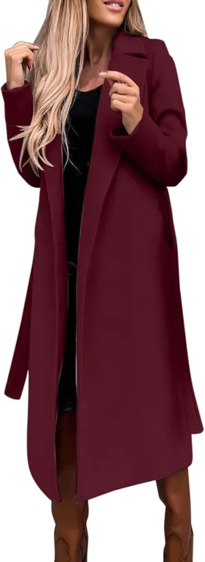 JEGULV Women Elegant Long Trench Coats Lightweight Open Front Solid Color Outwear Jackets Notched Lapel Collar Wool Pea Coats