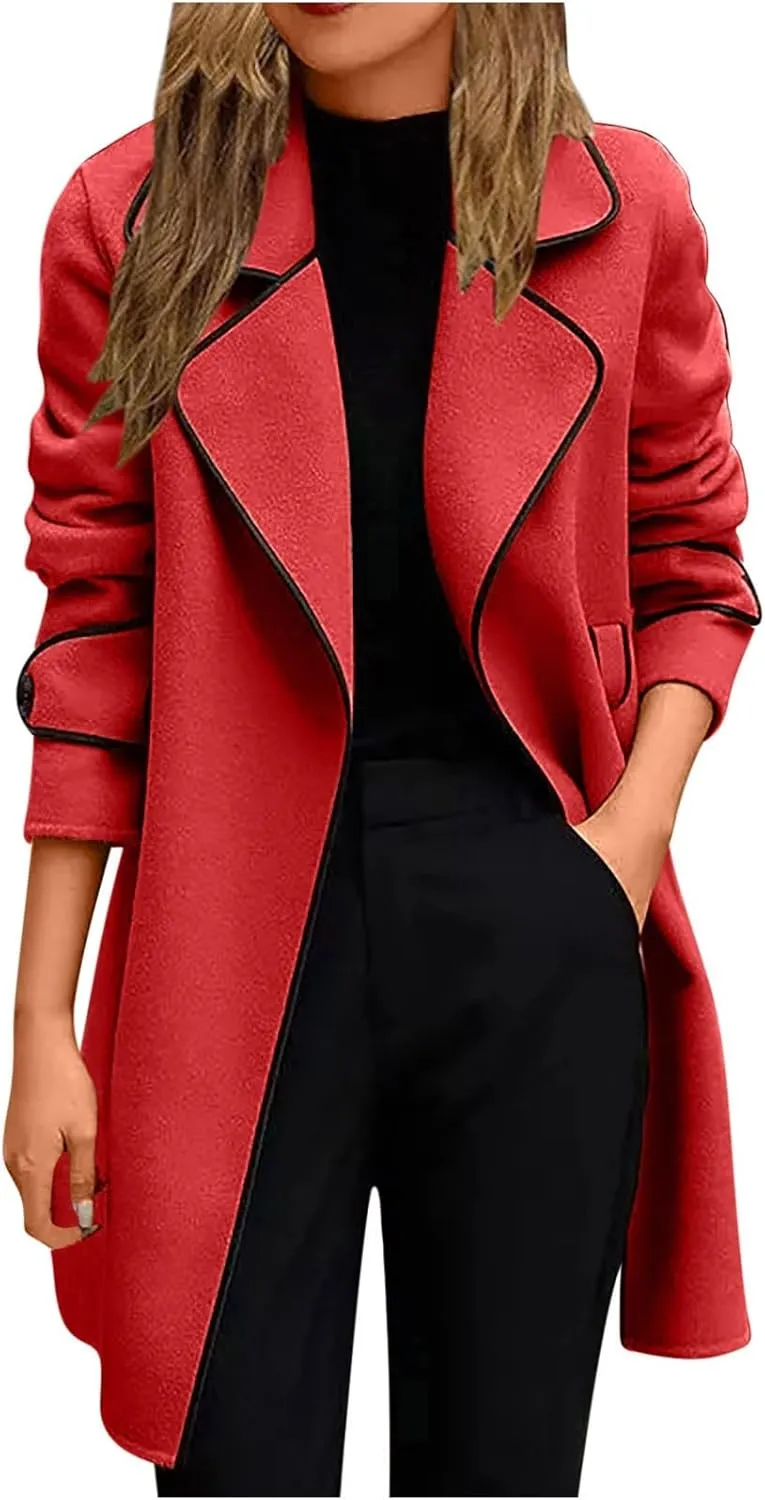 JEGULV Women's Trench Coats Casual Notch Lapel Double Breasted Wool Blend Mid Long Pea Coats Fashion Elegant Winter Jacket