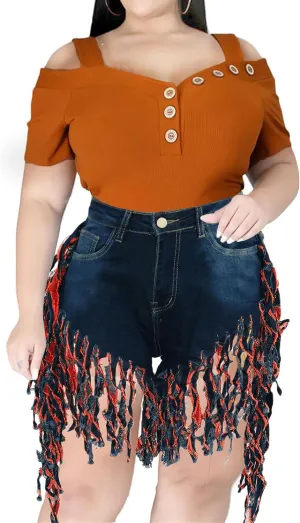 JEKE-DG Women's Plus Size Fringe Raw Hem Denim Shorts High Waisted Tassels Stretchy Hem Short Jeans Clubwear Jeans Short