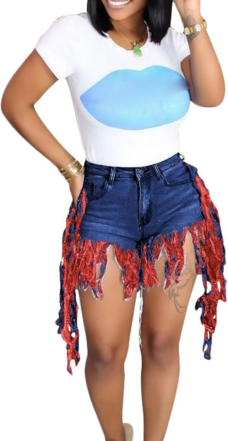 JEKE-DG Women's Plus Size Fringe Raw Hem Denim Shorts High Waisted Tassels Stretchy Hem Short Jeans Clubwear Jeans Short