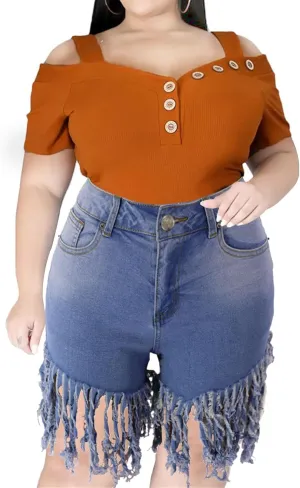 JEKE-DG Women's Plus Size Fringe Raw Hem Denim Shorts High Waisted Tassels Stretchy Hem Short Jeans Clubwear Jeans Short