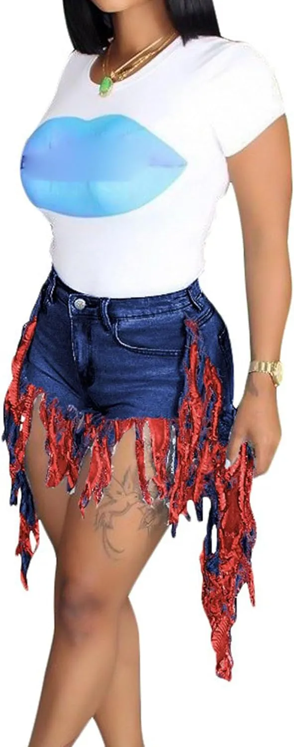 JEKE-DG Women's Plus Size Fringe Raw Hem Denim Shorts High Waisted Tassels Stretchy Hem Short Jeans Clubwear Jeans Short