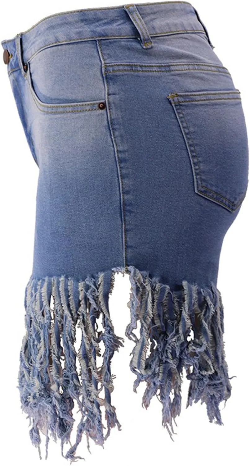 JEKE-DG Women's Plus Size Fringe Raw Hem Denim Shorts High Waisted Tassels Stretchy Hem Short Jeans Clubwear Jeans Short