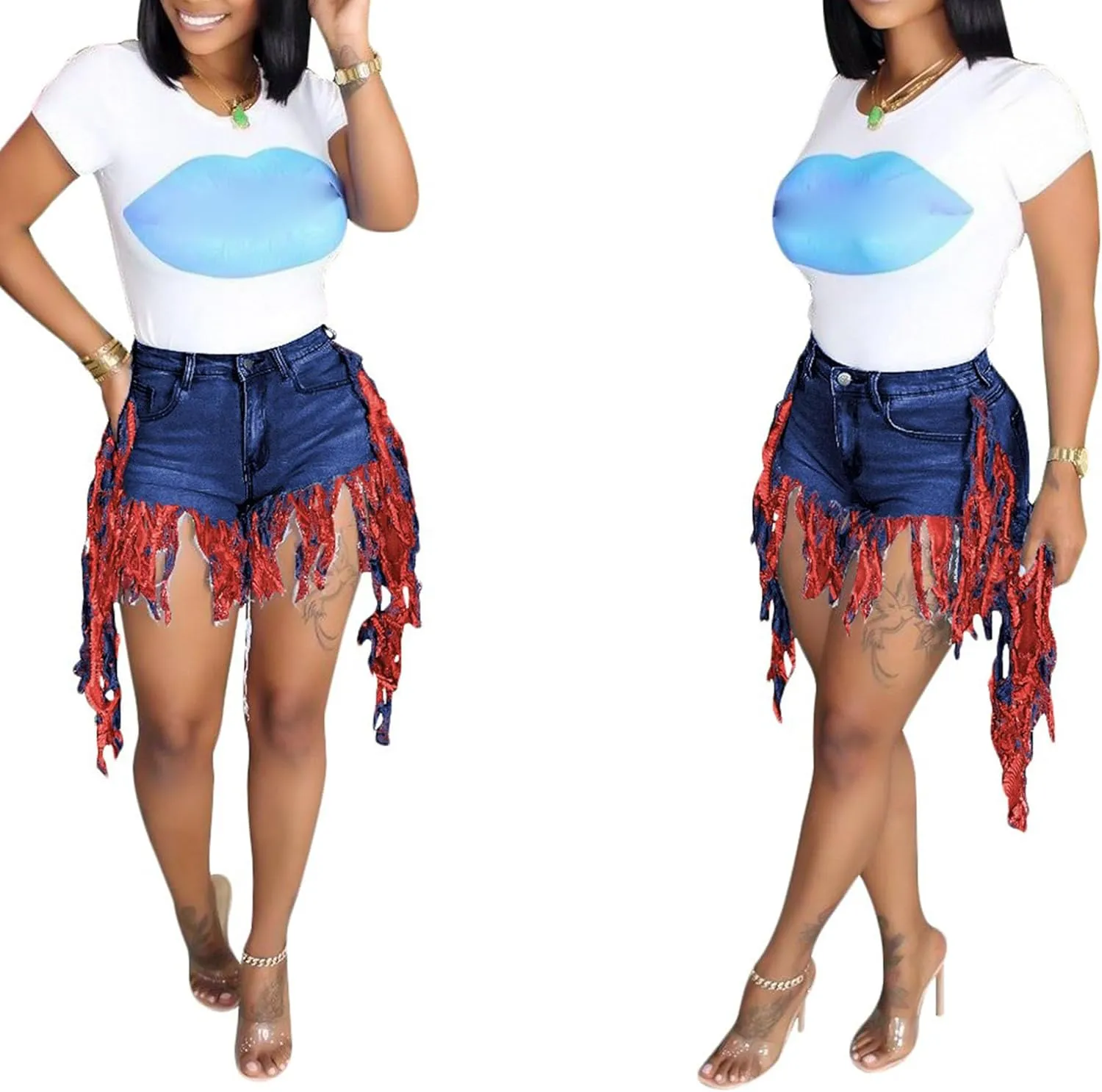 JEKE-DG Women's Plus Size Fringe Raw Hem Denim Shorts High Waisted Tassels Stretchy Hem Short Jeans Clubwear Jeans Short