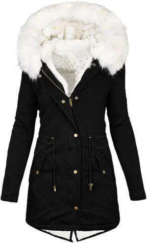 jsaierl Womens Winter Long Padded Coats with Fur Hood Fleece Lined Puffer Jacket Zipper Button Outerwear Thicken Warm Parka