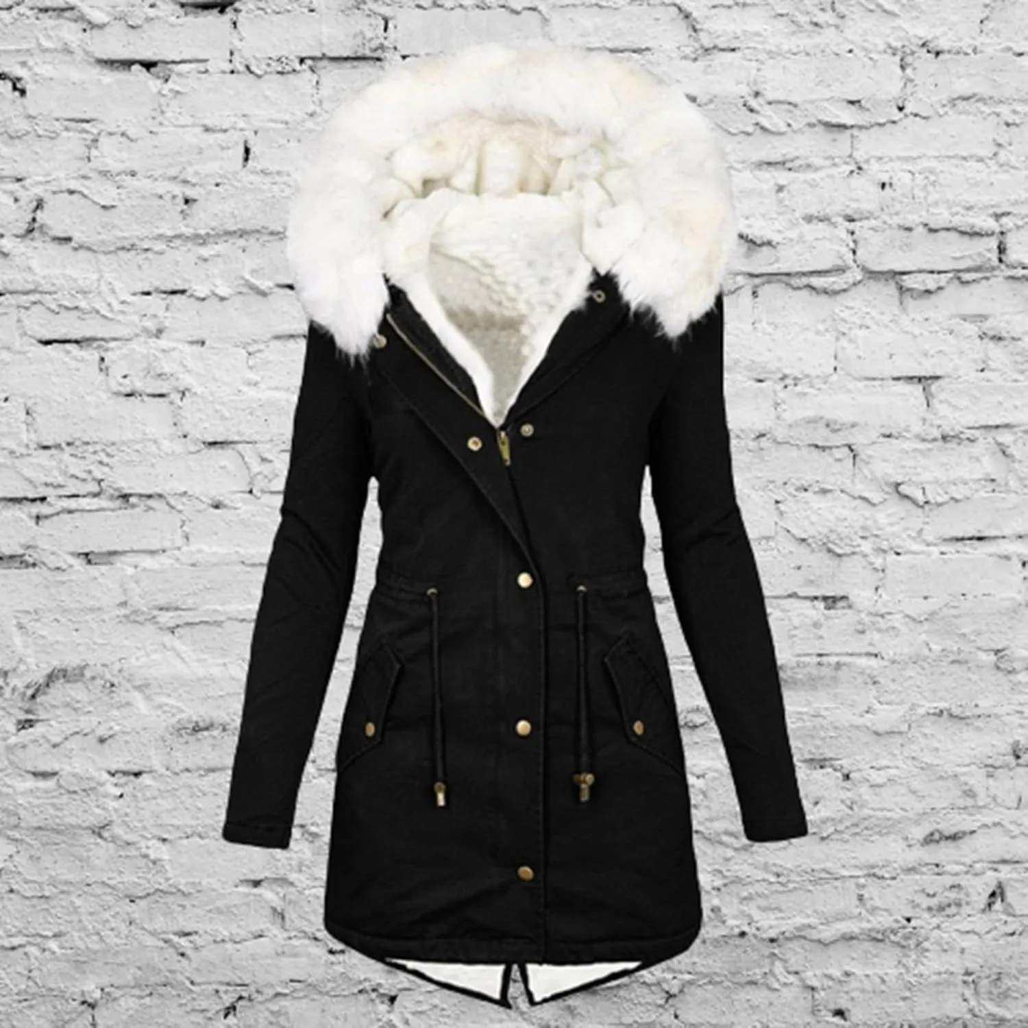 jsaierl Womens Winter Long Padded Coats with Fur Hood Fleece Lined Puffer Jacket Zipper Button Outerwear Thicken Warm Parka