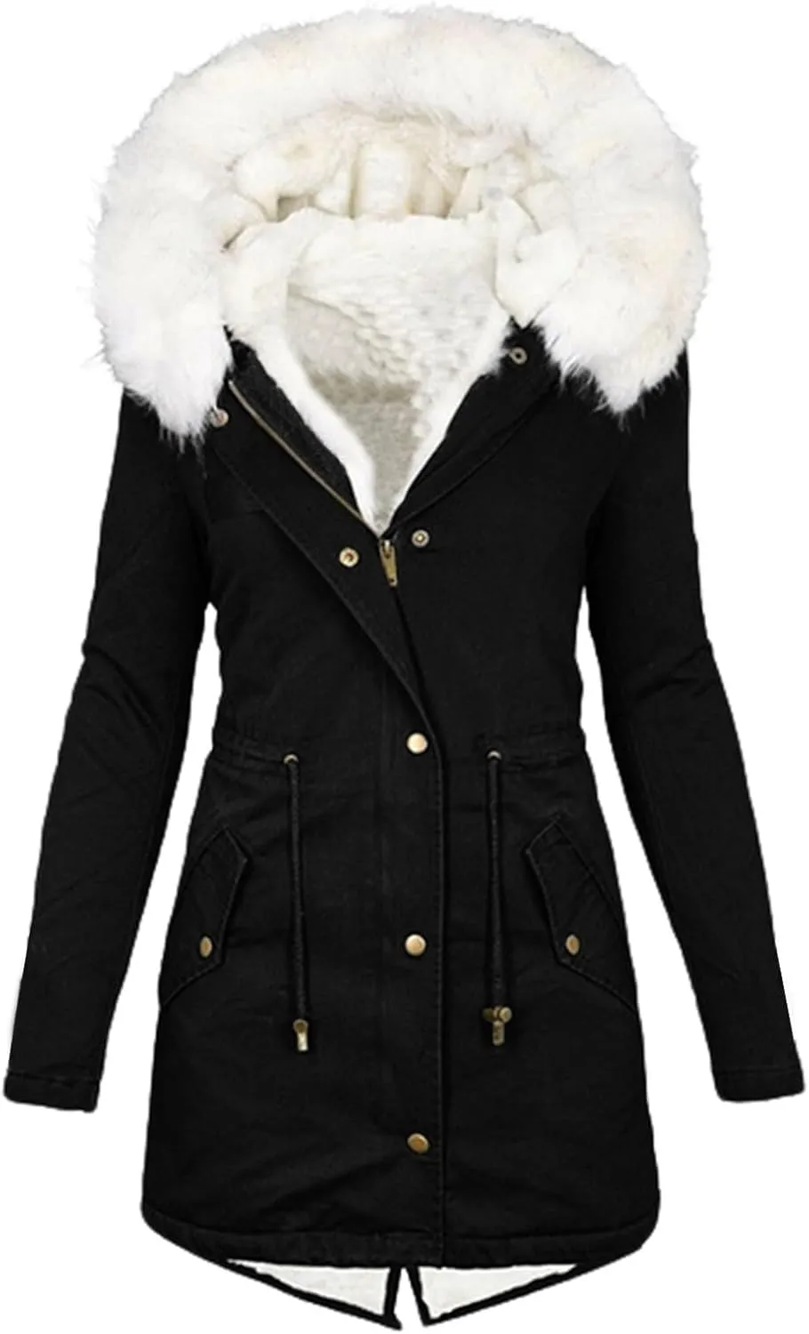 jsaierl Womens Winter Long Padded Coats with Fur Hood Fleece Lined Puffer Jacket Zipper Button Outerwear Thicken Warm Parka