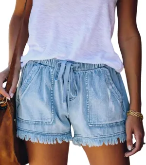 Karwuiio Women High Waisted Denim Shorts Casual Elastic Frayed Hem Loose Jeans Short
