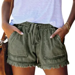 Karwuiio Women High Waisted Denim Shorts Casual Elastic Frayed Hem Loose Jeans Short