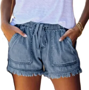 Karwuiio Women High Waisted Denim Shorts Casual Elastic Frayed Hem Loose Jeans Short