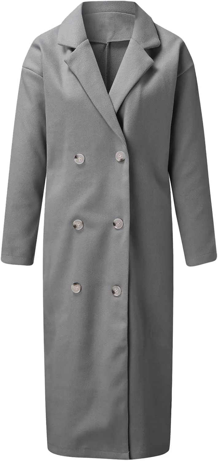 Kubbon Women's Wool Blend Trench Coat Oversized Notched Collar Jacket Coats Lightweight Single Breast Long Pea Coat Outwear
