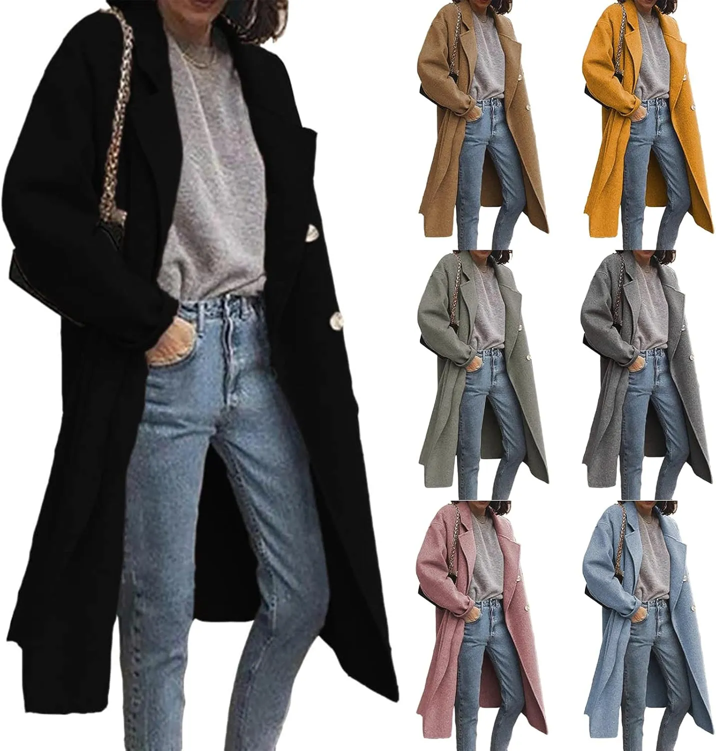 Kubbon Women's Wool Blend Trench Coat Oversized Notched Collar Jacket Coats Lightweight Single Breast Long Pea Coat Outwear