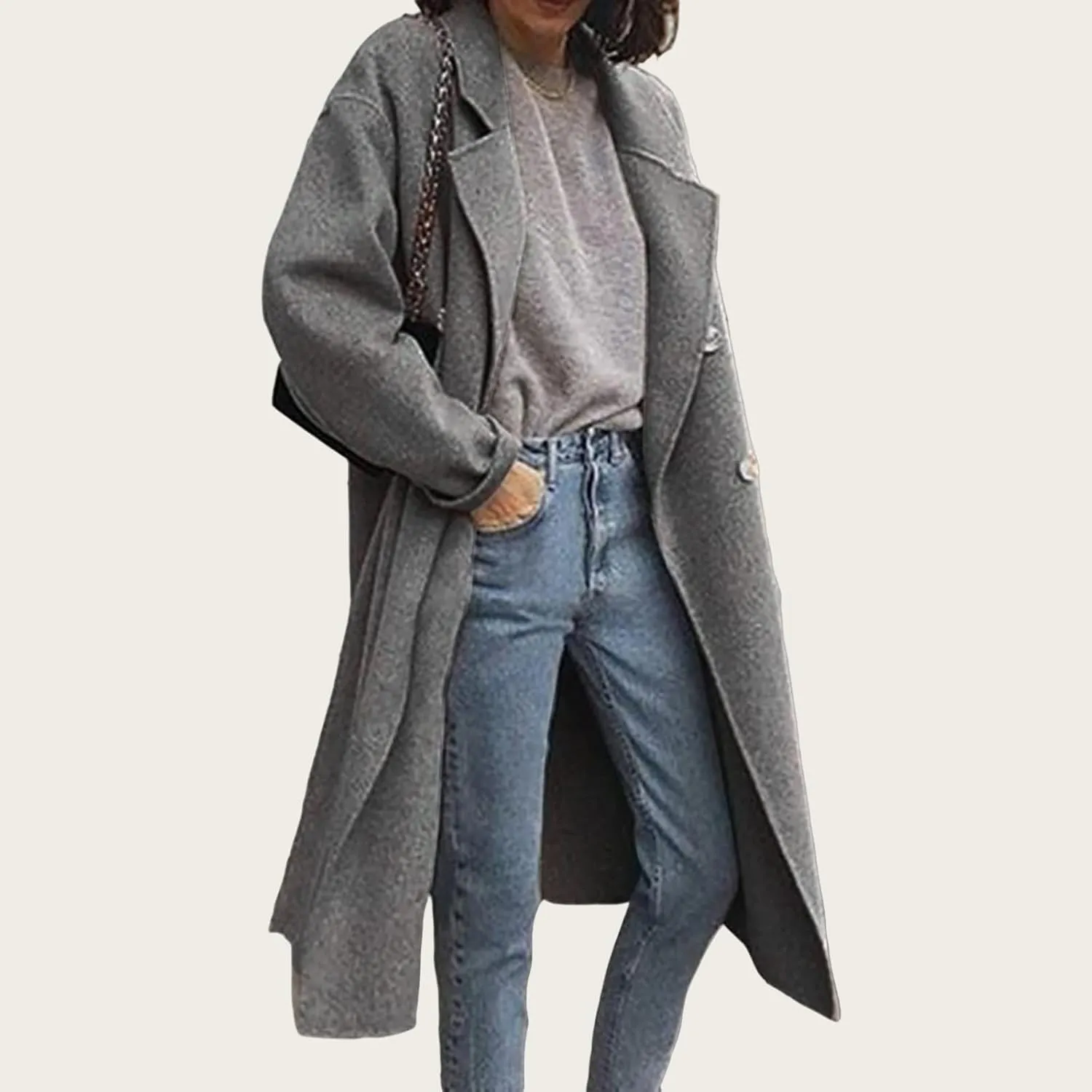 Kubbon Women's Wool Blend Trench Coat Oversized Notched Collar Jacket Coats Lightweight Single Breast Long Pea Coat Outwear