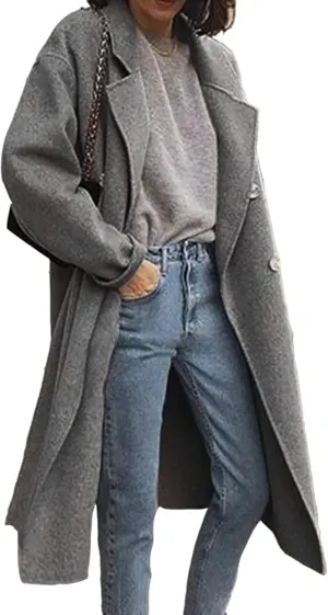 Kubbon Women's Wool Blend Trench Coat Oversized Notched Collar Jacket Coats Lightweight Single Breast Long Pea Coat Outwear