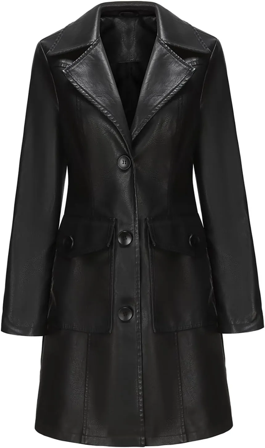 Leather Trench Coat Women Oversized Single Breasted Mid Length Overcoat Trendy Long Jackets Outerwear with Pockets