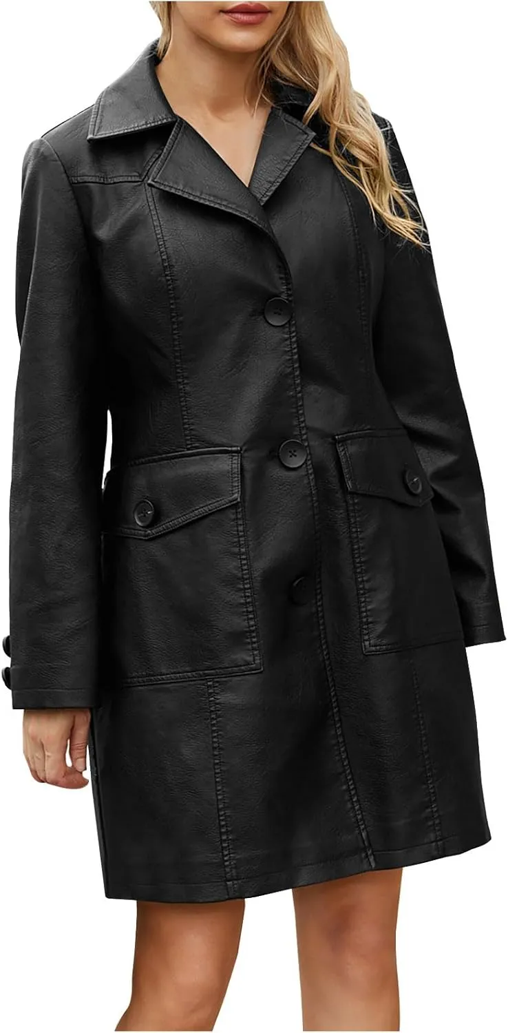 Leather Trench Coat Women Oversized Single Breasted Mid Length Overcoat Trendy Long Jackets Outerwear with Pockets