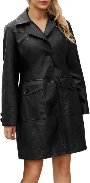 Leather Trench Coat Women Oversized Single Breasted Mid Length Overcoat Trendy Long Jackets Outerwear with Pockets