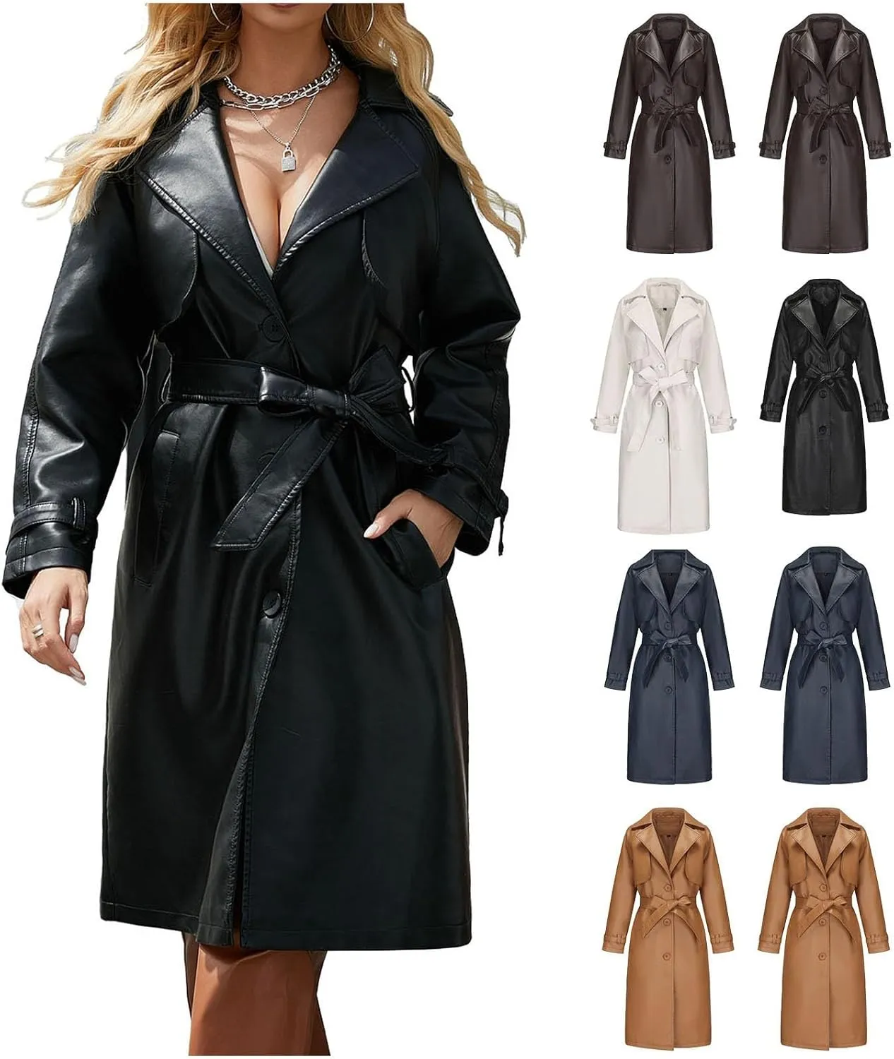 Leather Trench Coat Women Plus Size Single Breasted Pea Coats Notch Collar Long Coats 2024 Winter Jackets with Belt