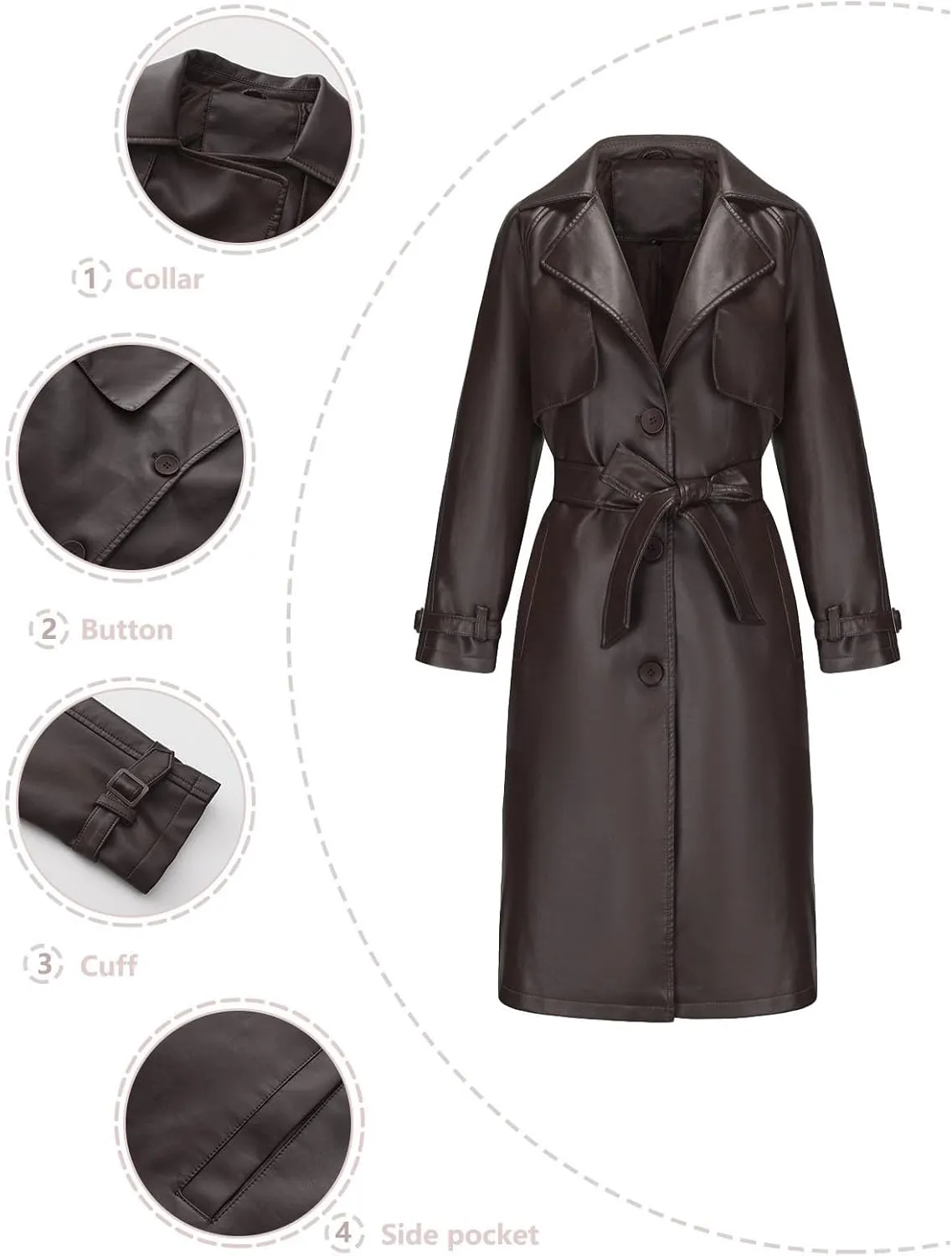 Leather Trench Coat Women Plus Size Single Breasted Pea Coats Notch Collar Long Coats 2024 Winter Jackets with Belt