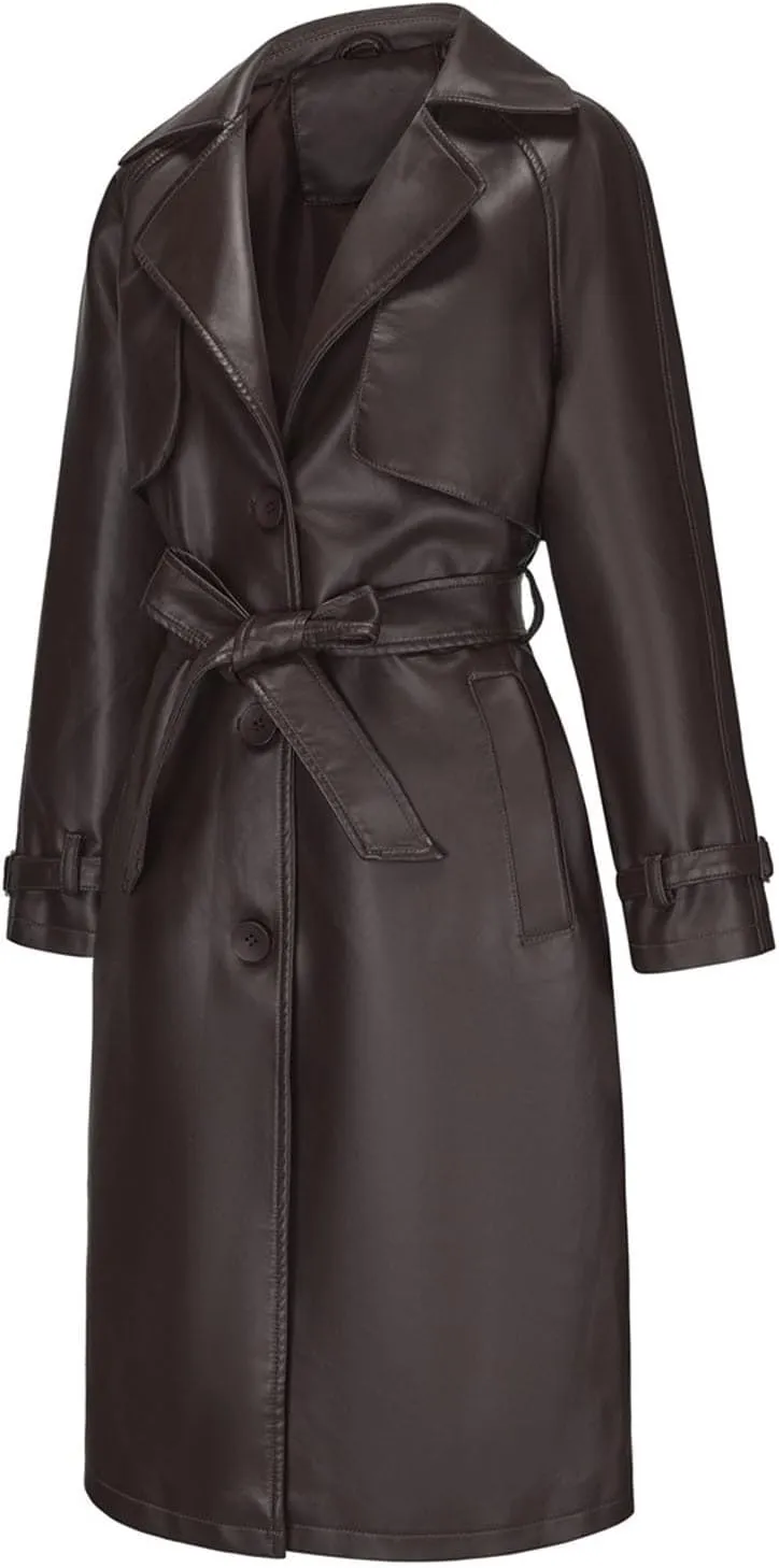 Leather Trench Coat Women Plus Size Single Breasted Pea Coats Notch Collar Long Coats 2024 Winter Jackets with Belt