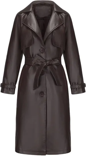 Leather Trench Coat Women Plus Size Single Breasted Pea Coats Notch Collar Long Coats 2024 Winter Jackets with Belt