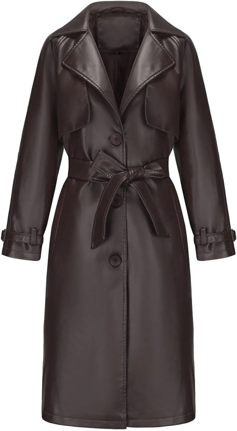 Leather Trench Coat Women Plus Size Single Breasted Pea Coats Notch Collar Long Coats 2024 Winter Jackets with Belt