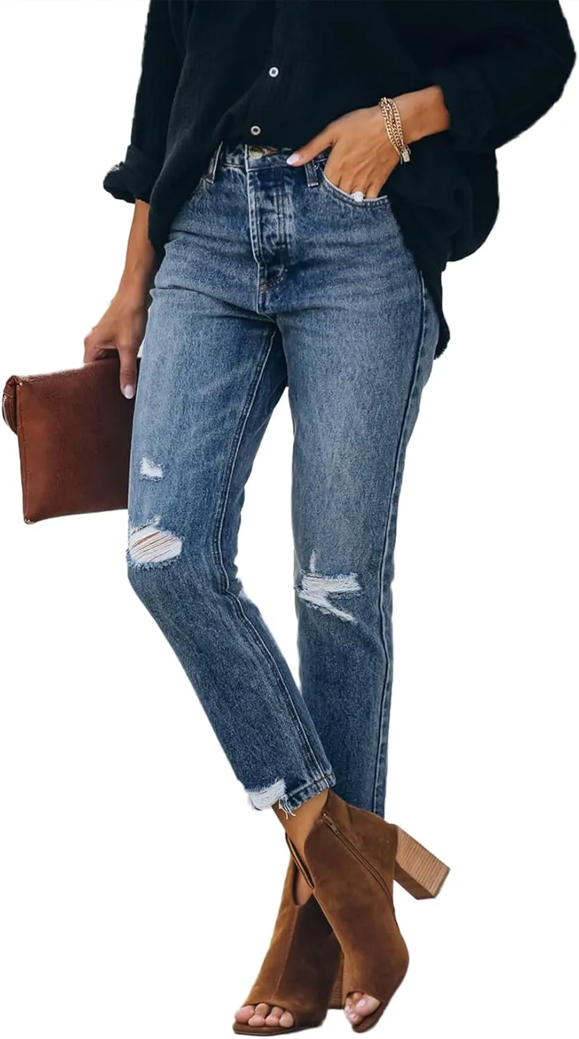Lesore Womens High Waist Stretch Distressed Jeans Destroyed Denim Pants
