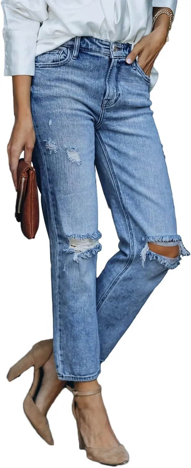 Lesore Womens High Waist Stretch Distressed Jeans Destroyed Denim Pants