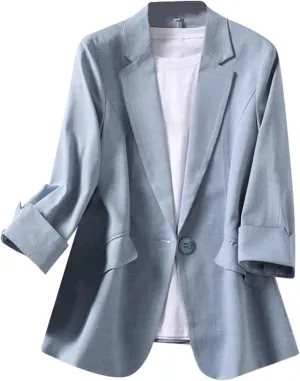 Linen Blazers for Women Business Casual Dressy Lapel Suit Blazer 3/4 Sleeve Lightweight Spring Summer Blazer Jackets