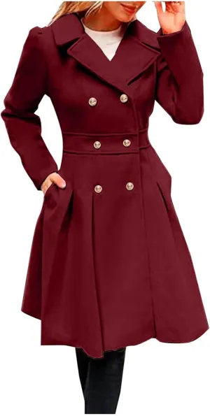 Lmdudan 2024 Women's Fashion Trench Coat Notch Lapel Double Breasted Thick A Line Pea Coats Solid Color Jacket with Pockets