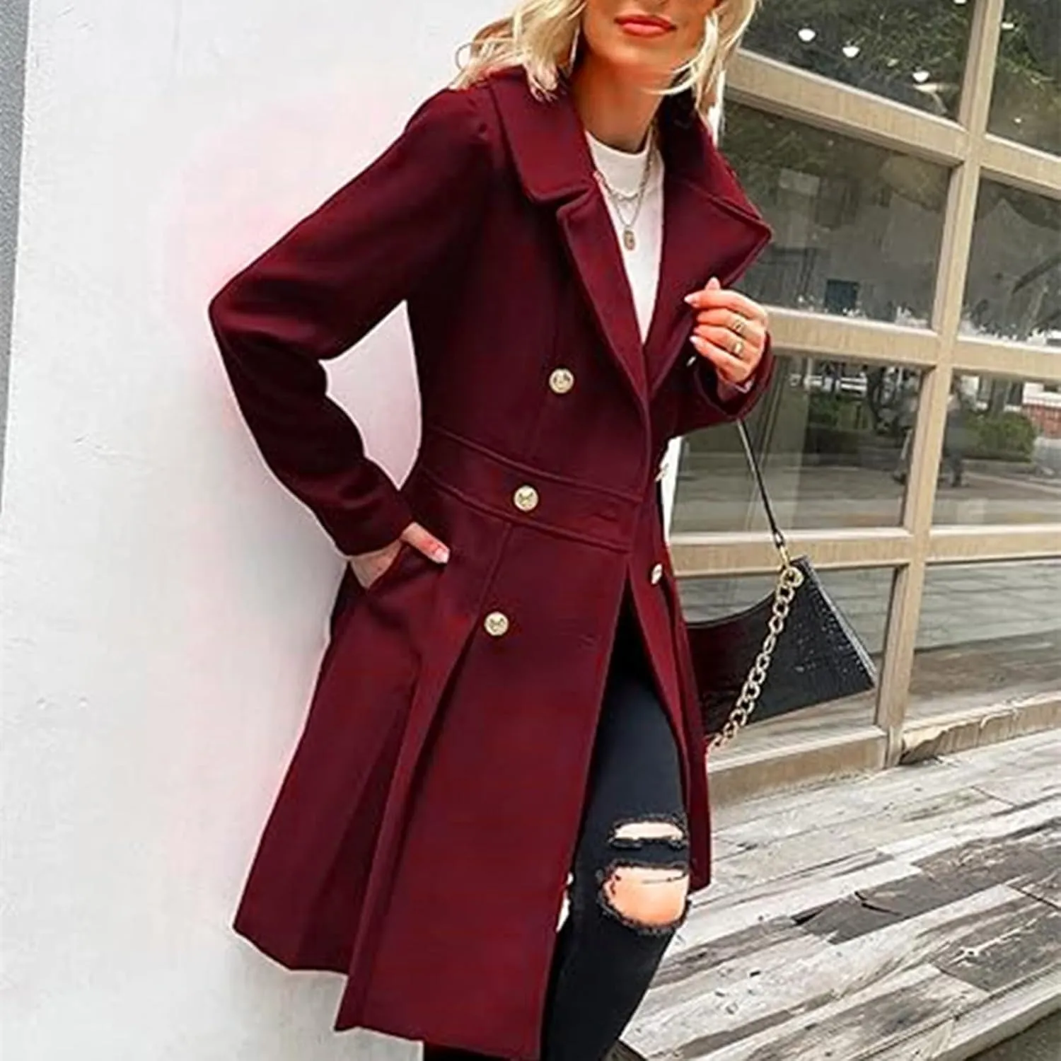 Lmdudan 2024 Women's Fashion Trench Coat Notch Lapel Double Breasted Thick A Line Pea Coats Solid Color Jacket with Pockets