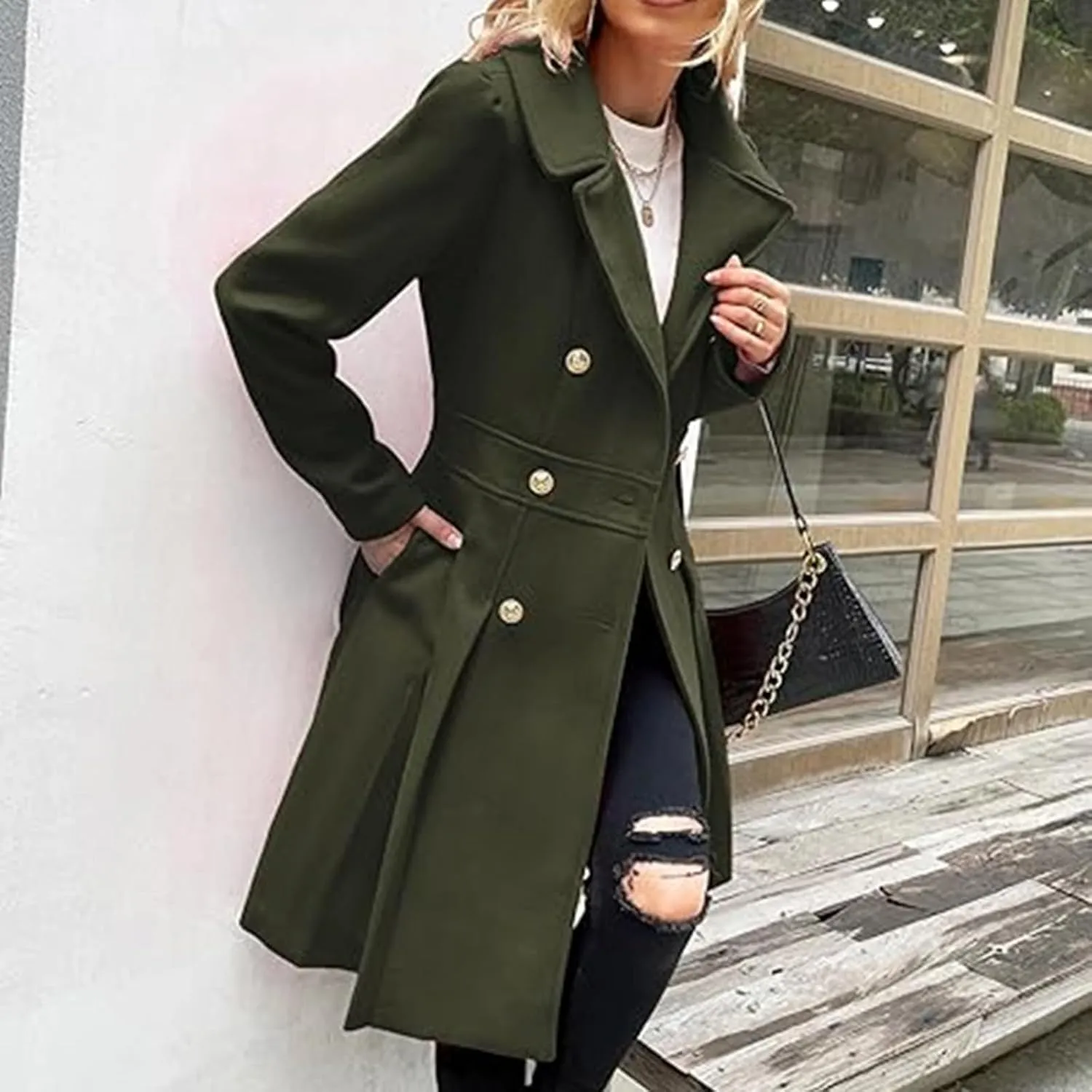 Lmdudan 2024 Women's Fashion Trench Coat Notch Lapel Double Breasted Thick A Line Pea Coats Solid Color Jacket with Pockets