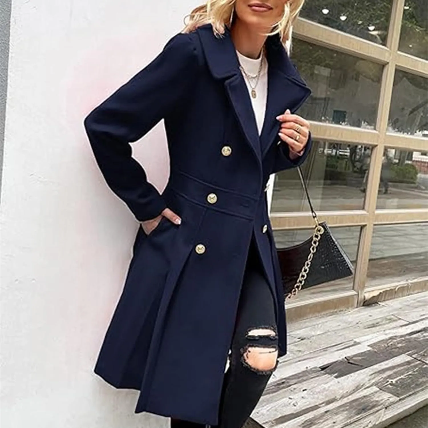 Lmdudan 2024 Women's Fashion Trench Coat Notch Lapel Double Breasted Thick A Line Pea Coats Solid Color Jacket with Pockets