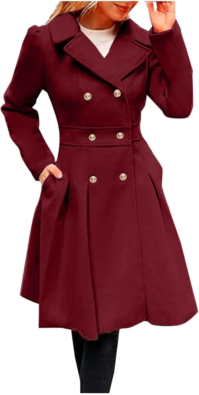 Lmdudan 2024 Women's Fashion Trench Coat Notch Lapel Double Breasted Thick A Line Pea Coats Solid Color Jacket with Pockets