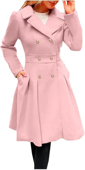 Lmdudan 2024 Women's Fashion Trench Coat Notch Lapel Double Breasted Thick A Line Pea Coats Solid Color Jacket with Pockets