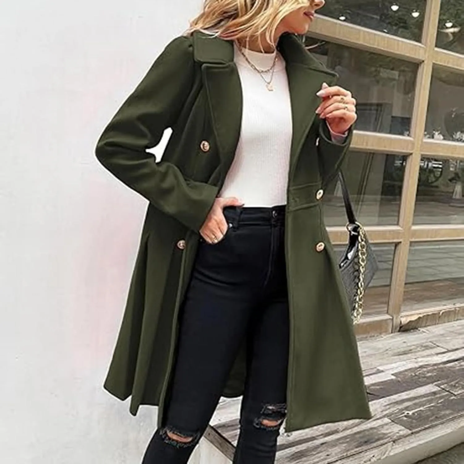 Lmdudan 2024 Women's Fashion Trench Coat Notch Lapel Double Breasted Thick A Line Pea Coats Solid Color Jacket with Pockets