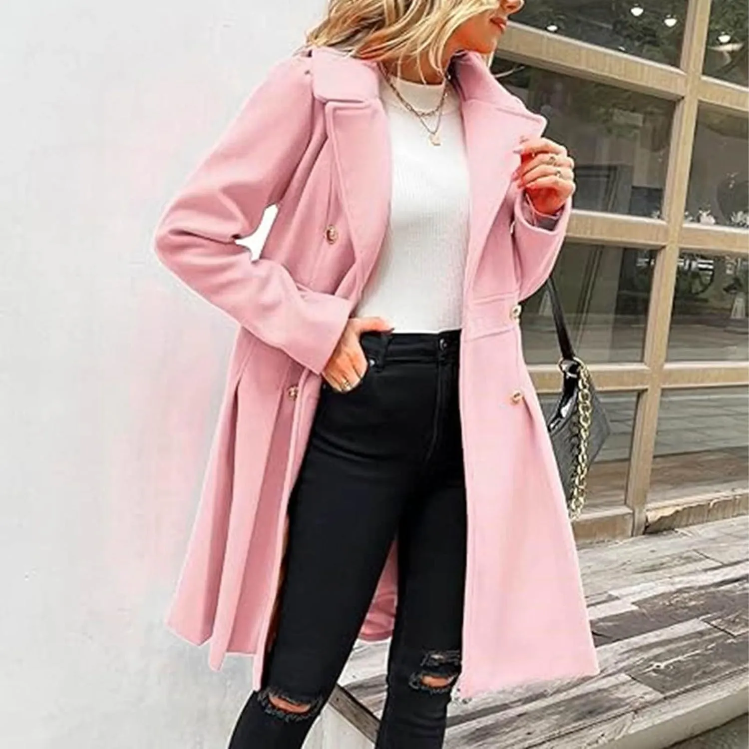 Lmdudan 2024 Women's Fashion Trench Coat Notch Lapel Double Breasted Thick A Line Pea Coats Solid Color Jacket with Pockets