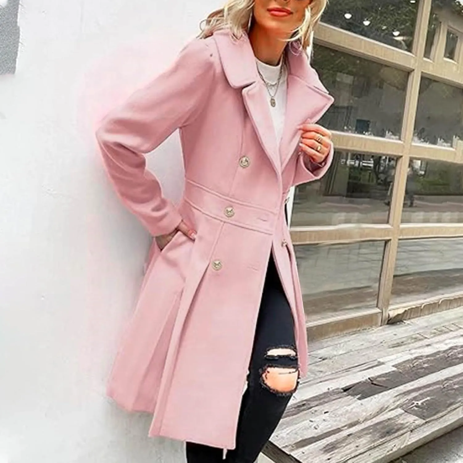 Lmdudan 2024 Women's Fashion Trench Coat Notch Lapel Double Breasted Thick A Line Pea Coats Solid Color Jacket with Pockets