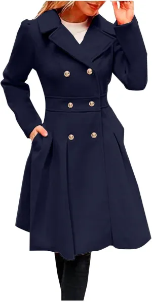 Lmdudan 2024 Women's Fashion Trench Coat Notch Lapel Double Breasted Thick A Line Pea Coats Solid Color Jacket with Pockets