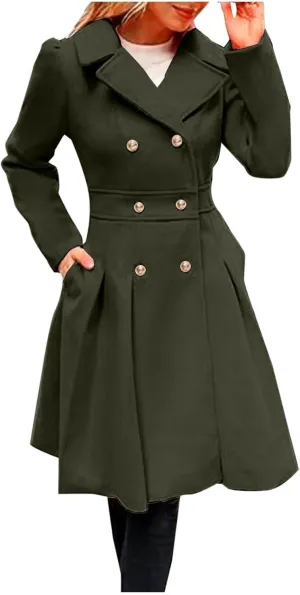 Lmdudan 2024 Women's Fashion Trench Coat Notch Lapel Double Breasted Thick A Line Pea Coats Solid Color Jacket with Pockets