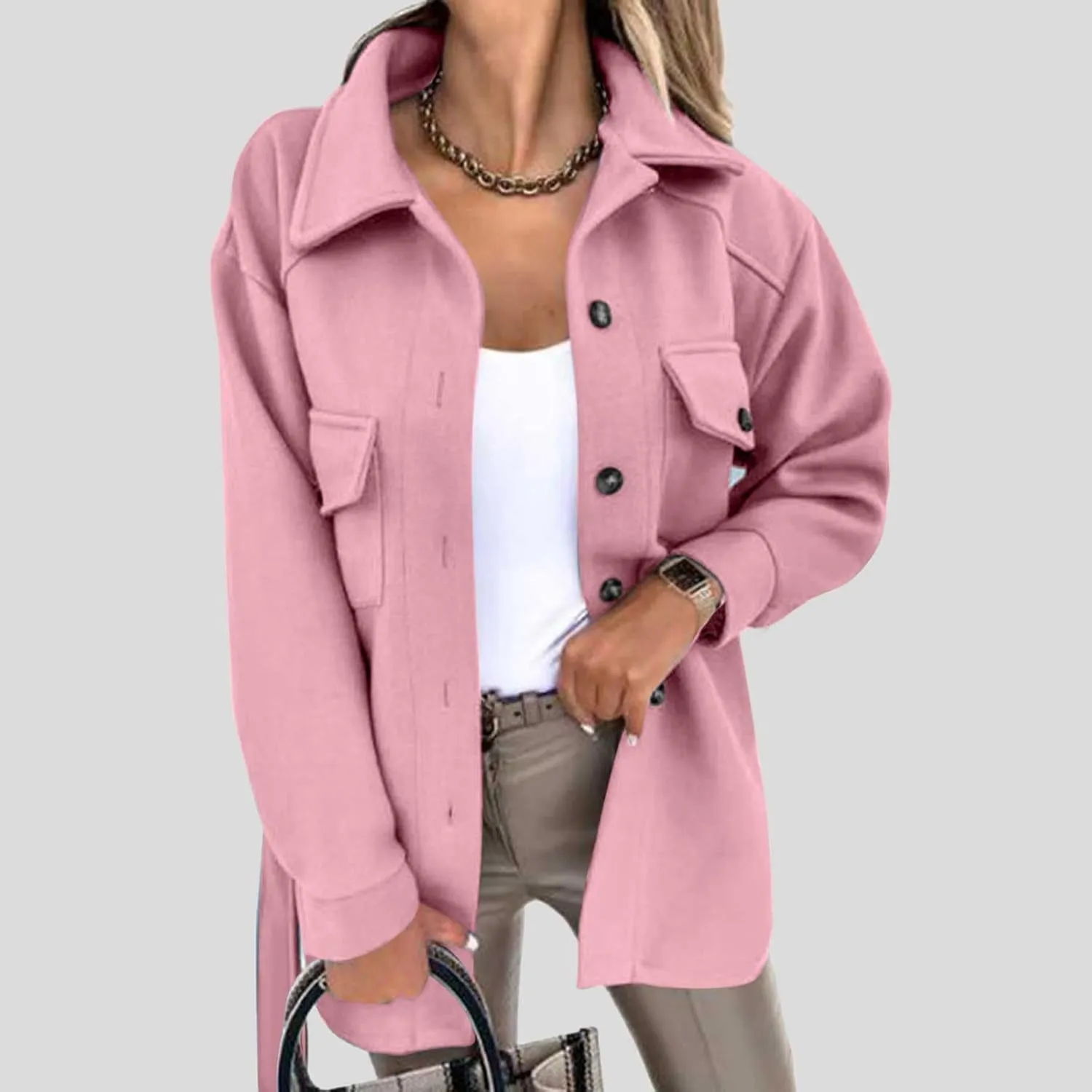 Lmdudan Women Long Sleeve Elegant Woolen Jacket Solid Color Lapel Button Down Coat Overcoat Casual Comfy Fashion Trench Coats