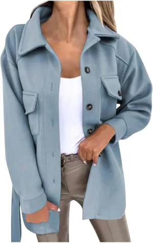 Lmdudan Women Long Sleeve Elegant Woolen Jacket Solid Color Lapel Button Down Coat Overcoat Casual Comfy Fashion Trench Coats
