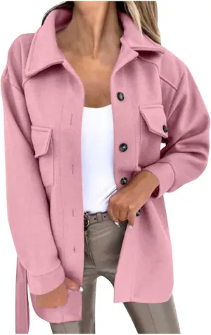 Lmdudan Women Long Sleeve Elegant Woolen Jacket Solid Color Lapel Button Down Coat Overcoat Casual Comfy Fashion Trench Coats