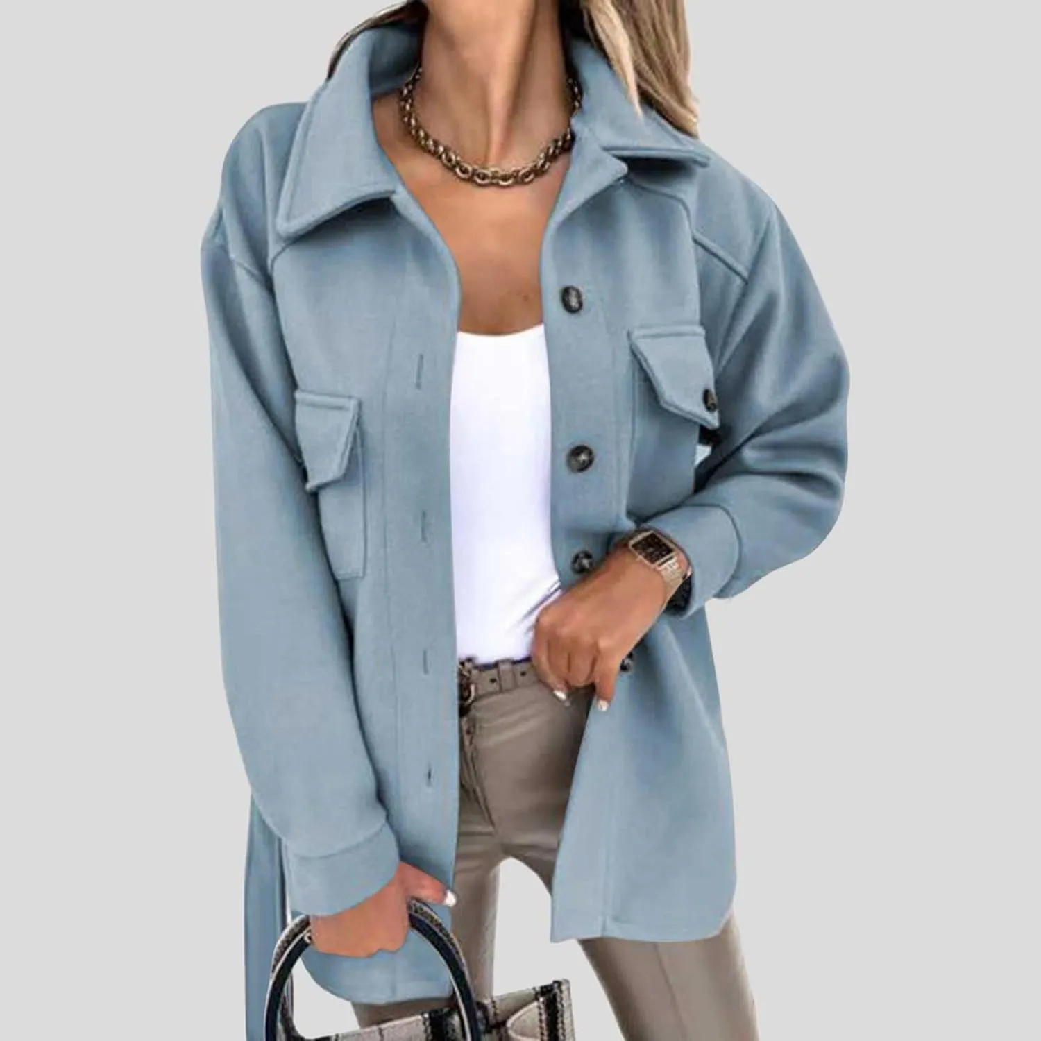 Lmdudan Women Long Sleeve Elegant Woolen Jacket Solid Color Lapel Button Down Coat Overcoat Casual Comfy Fashion Trench Coats