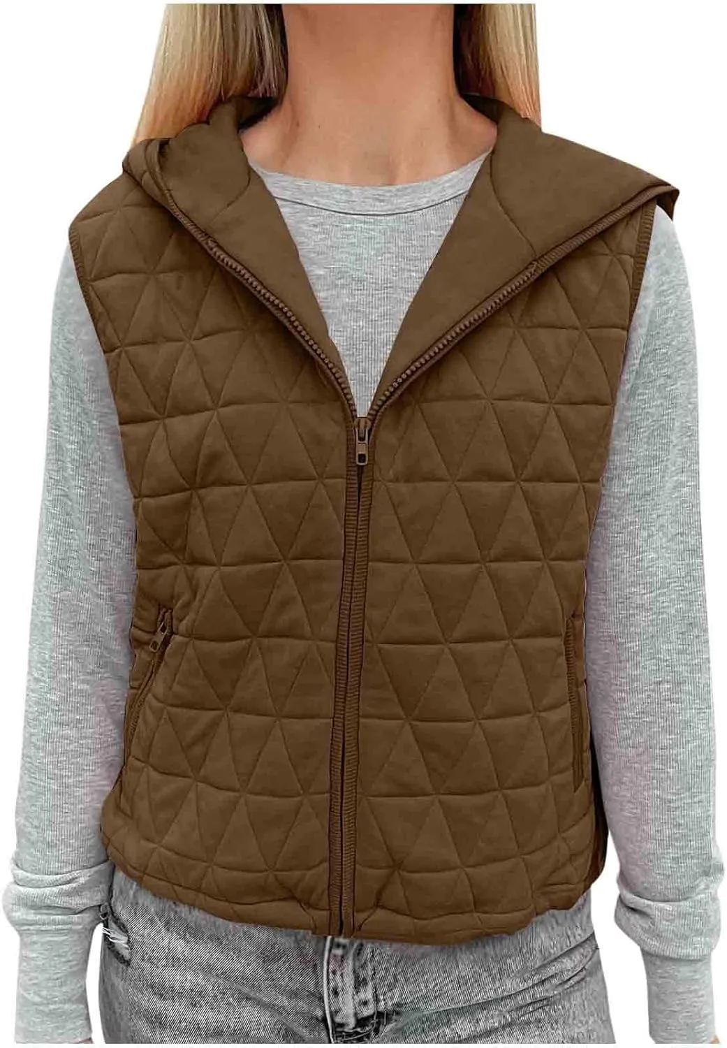 Lmdudan Women's 2024 Fall Vest Casual Sleeveless Hooded Zip Up Jacket Trendy Lightweight Winter Coat Outerwear with Pockets