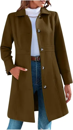 Lmdudan Women's Elegant Single Breasted Coat Long Sleeve Mid Winter Overcoat Solid Color Work Office Pea Coats with Pockets