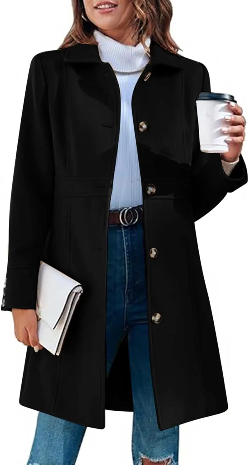 Lmdudan Women's Elegant Single Breasted Coat Long Sleeve Mid Winter Overcoat Solid Color Work Office Pea Coats with Pockets