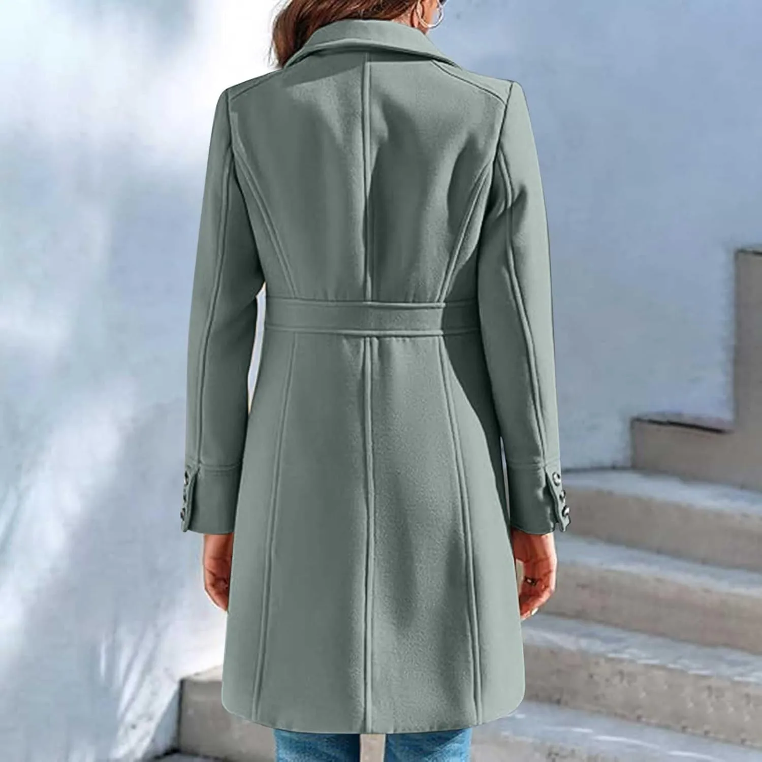 Lmdudan Women's Elegant Single Breasted Coat Long Sleeve Mid Winter Overcoat Solid Color Work Office Pea Coats with Pockets