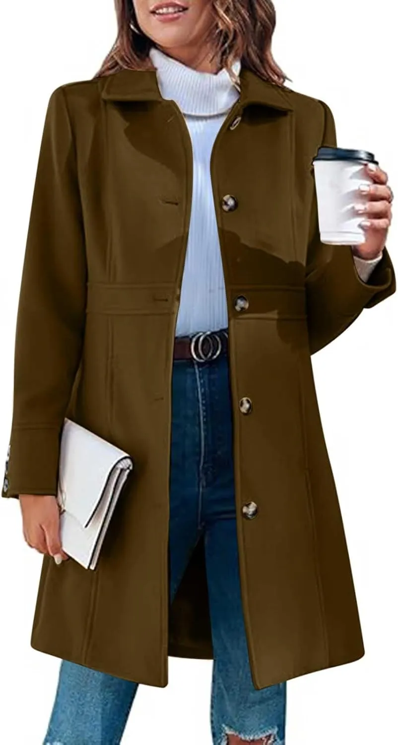 Lmdudan Women's Elegant Single Breasted Coat Long Sleeve Mid Winter Overcoat Solid Color Work Office Pea Coats with Pockets
